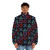 Black puffer jacket with a gamer pattern design - men front