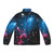 Person wearing a puffer jacket with a cosmic galaxy design
