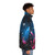 Person wearing a puffer jacket with a cosmic galaxy design - men side right