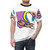 Model wearing a trippy t-shirt with an "Alice in Wonderland" down the rabbit hole design - men front