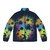 Colorful and vibrant galactic warrior puffer jacket with retro futuristic design