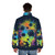 Colorful and vibrant galactic warrior puffer jacket with retro futuristic design - men back
