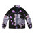 Shoebill stork puffer jacket with a vibrant floral and purple design