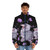Shoebill stork puffer jacket with a vibrant floral and purple design - men front