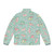 A mint green puffer jacket with a shibakura (shiba inu and sakura) pattern, featuring a shiba inu dog breed design. - Back