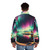 Model wearing a puffer jacket with a stunning northern lights design - men back