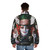 Model wearing the Mad Hatter puffer jacket, inspired by the character from Alice in Wonderland - men back
