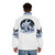 Puffer jacket with a silver wolf design representing a legendary fantasy creature - men back