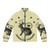 Beige puffer jacket with a jackalope graphic, an animal trainer design for a mythical creature from Wyoming