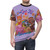 Vibrant all-over print t-shirt featuring a colorful, psychedelic animal rights design - men front
