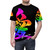Colorful t-shirt featuring Japanese calligraphy-inspired "love" design in vibrant rainbow colors - men front