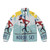 Retro Nordic ski poster puffer jacket with scenic mountain and ski imagery