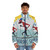 Retro Nordic ski poster puffer jacket with scenic mountain and ski imagery - men front
