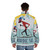 Retro Nordic ski poster puffer jacket with scenic mountain and ski imagery - men back