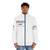 Person wearing a puffer jacket with a pan pride sticker design - men front