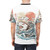 Illustration of a shark character with sushi, rice, and a retro Japanese wave pattern - men back