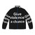Puffer jacket with "Give Violence a Chance" design, promoting peace and anti-violence