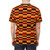 Vintage-style t-shirt with a retro orange, brown, and yellow pattern reminiscent of classic London Underground train seats - men back