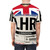 Illustration of an airport luggage tag on a t-shirt with the text "London LHR" - men back