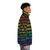 A colorful rainbow puffer jacket with "OK Boomer" text, representing LGBTQ+ pride and generational humor. - men side right