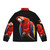 Scarlet macaw bird wearing a puffer jacket against a black background - Back