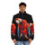 Scarlet macaw bird wearing a puffer jacket against a black background - men front