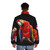 Scarlet macaw bird wearing a puffer jacket against a black background - men back