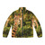 Giraffe-patterned puffer jacket with 'Say What' graphic design