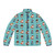 Puffer jacket with decorative dark animal patterns