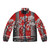 A stylish samurai-inspired puffer jacket with a cherry blossom design