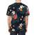 Model wearing a dark t-shirt featuring a tropical floral pattern design. - men back