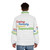 A person wearing a puffer jacket with the YMCA core values printed on it - men back