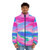 Sakura landscape puffer jacket featuring a vibrant, Japanese-inspired design with cherry blossoms and Mount Fuji - men front