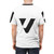 Closeup of a letter V logo printed on a high-quality t-shirt - men back
