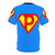 Superhero-inspired letter P graphic design on a t-shirt - Back