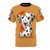 Dalmatian dog design on an autumn-themed t-shirt with pumpkins and fall leaves
