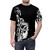Monochrome painting of saxophone keys and keywork on a black and white all-over-print t-shirt - men front