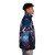 Blue and green puffer jacket featuring the Blue Beetle superhero design - men side right