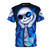 Glowing blue-eyed skeleton design on a high-quality t-shirt, inspired by the popular video game Undertale.