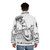 A medieval-inspired puffer jacket with a playful monster design, perfect for winter adventures. - men back