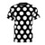 Closeup of a black t-shirt with large white polka dots
