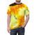 Closeup of a vibrant sunflower pattern design printed on a t-shirt, featuring a nature-inspired fall floral art aesthetic. - men front