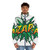 Retro comic book superhero puffer jacket with zap pop art flash design - men front
