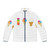 Colorful puffer jacket featuring illustrations of ice cream cones, popsicles, and other summer desserts
