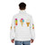 Colorful puffer jacket featuring illustrations of ice cream cones, popsicles, and other summer desserts - men back