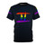Colorful LGBTQ pride flag with Gemini zodiac symbol on a t-shirt