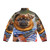 Pug dog playing guitar on stylish puffer jacket - Back