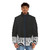 A cozy black and white cat puffer jacket with the text "You Asleep Yet?" - men front