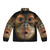 A puffer jacket with a funny chimpanzee face print design