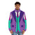 Colorful puffer jacket with suit, tie, and vest - men front